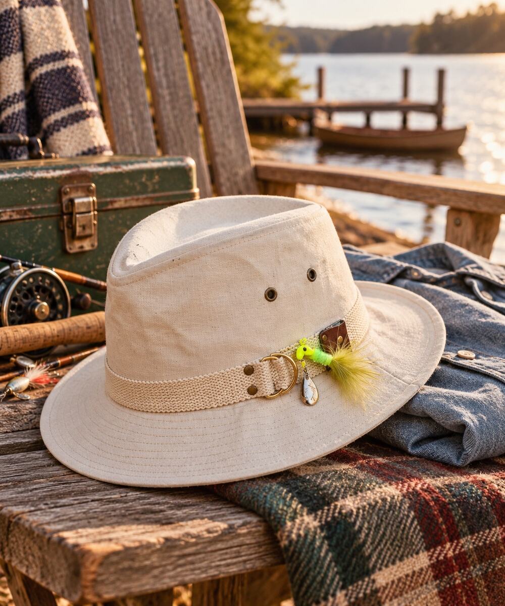 Vintage Bee Hats Canvas Safari Fedora w/ Fishing Lure | Made in USA | S